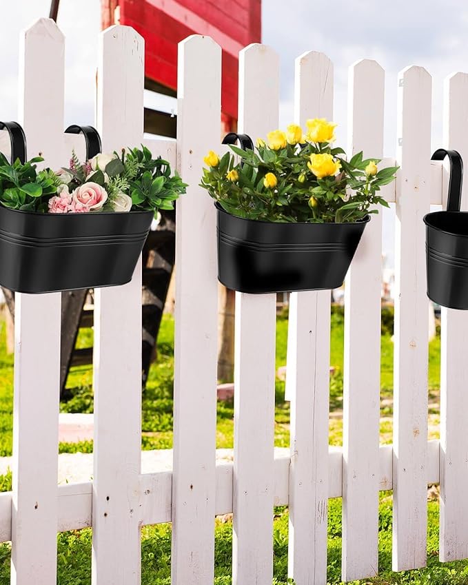 vensovo Metal Railing Planter for Outdoor Plants - 3 Pack Balcony Hanging Flower Pots with Detachable Hooks and Drain Holes Oval Bucket Rail Box Fence Planters for Home Garden Decor, Black