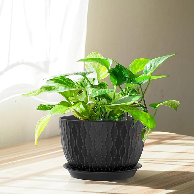 Plant Pots 12/10/9 Inch Pots, Set of 3 Plastic Planters with Drainage Holes and Saucers,Plastic Flower Pots,Nursery Planting Pot for Indoor Out Door Plants（Black）