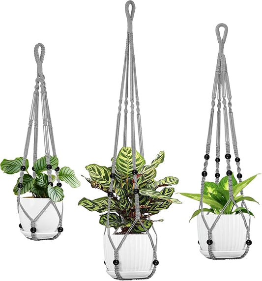 3 Pack Macrame Plant Hanger - 43"/35"/29" Different Sizes, Hanging Planter Basket Flower Pot Holder for Indoor Outdoor, with Wood Beads, Boho Home Decor, Gray (POTS NOT Included)