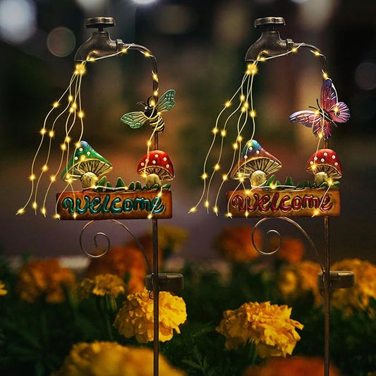 2 Pack 'Welcome' Mushroom & Butterfly Solar Yard Lights - Outdoor Solar Lights for Yard Decorative, Garden Decor Lawn Ornaments, Unique Decorative Garden Stakes for Pathways