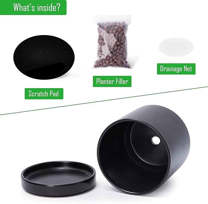 D'vine Dev 8 Inch Ceramic Planter Pot with Drainage Hole and Saucer, Indoor Cylinder Round Planter Pot, Black, 94-O-D-2