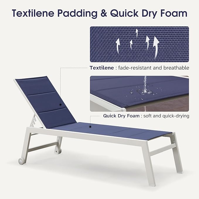 PURPLE LEAF Outdoor Chaise Lounge Adjustable Sunbathing Recliner with Side Table Navy Blue 2 Sets