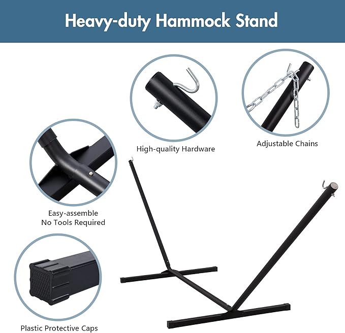 ANOW Double Hammock with Stand Included, Rope Hammock with Detachable Pillow and Pad for Outdoors Indoors, 450 LBS Weight Capacity, Blue