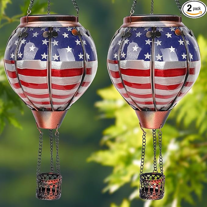 2PCS Solar Hot Air Balloon Lanterns with Flame with Shepherd's Hooks, Glass Hanging Flickering Lights Outdoor Waterproof for Garden Tree Yard Patio Mother's Day Gift, 18" H Flag