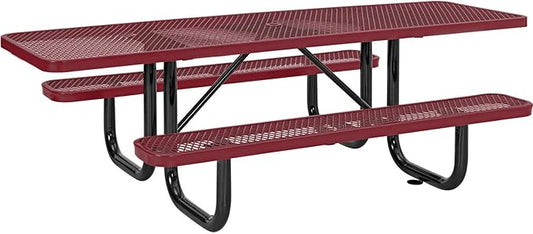 Global Industrial 8'L Rectangular Picnic Table, ADA Compliant, Expanded Metal, Red Thermoplastic Coating, Attached Benches, 1-1/2” Umbrella Pole Hole, Outdoor-Rated