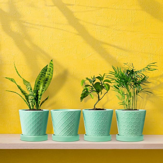 Plant Pots Indoor –5 in Ceramic Flower Pot with Drainage Hole and Ceramic Tray - Gardening Home Desktop Office Windowsill Decoration Gift, Set of 4 - Plants Not Included(Mint Green)