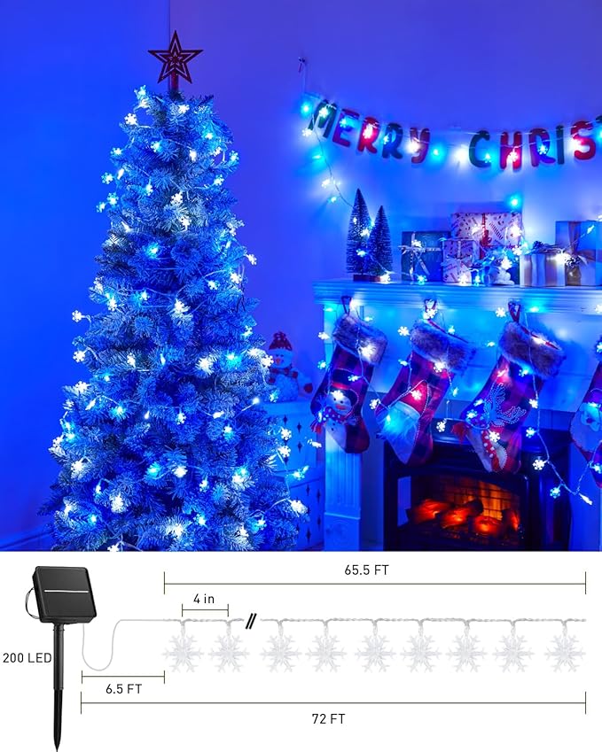 Brightown Solar Christmas Snowflake String Lights, 72FT 200 LED Outdoor Waterproof Fairy Lights with 8 Lighting Modes for Wedding, Party, Tree, Room, Garden, Patio, Yard, Home, Blue&White