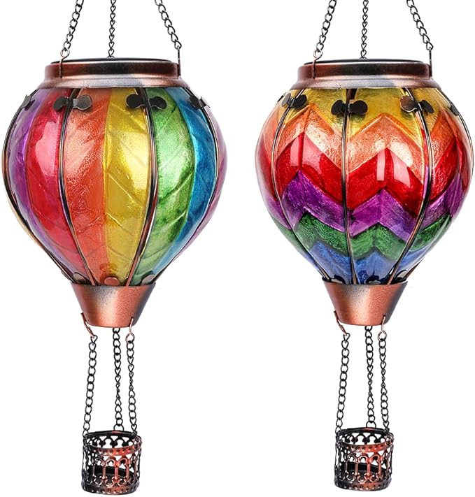 Hot Air Balloon Solar Lantern with Flickering Flame Hanging Solar Lanterns Outdoor Lights Waterproof Lanterns Decorative Garden Patio Yard Party Decor Colorful + Wavy-Colorful