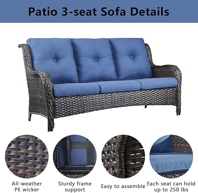 Wicker Patio Furniture Sets - 13 Piece Outdoor Rattan Furniture Conversation Sets with 4 Swivel Rocker Chairs, 2 Rattan Sofas, Wicker Ottomans and Coffee Table, Brown/Blue