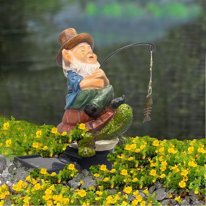 Garden Gnome Turtle solar LED Pond Statue Decoration, Fishing Gnome Turtle Garden Statue Outdoor Koi Pond or Waterfall or lawn Decor,5.3" Gnome turtle Fishing Poolside Statue contains ground insertion