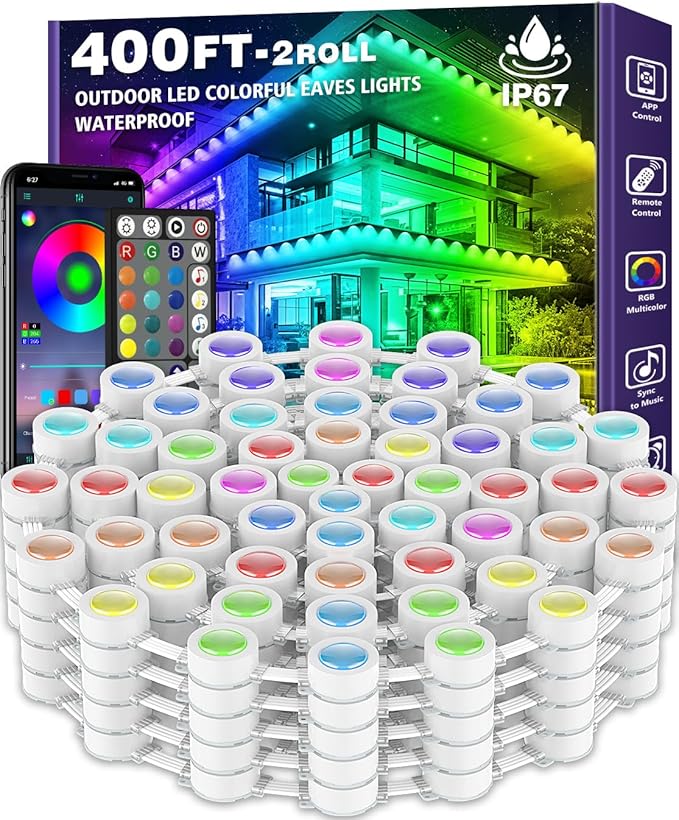 400FT Permanent Outdoor RGB Lights,IP67 Waterproof Smart LED Eaves Lights with App/Remote Control,for Christmas and All Holiday Decor,Daily and Accent Lighting,House Roof and Garden Lighting