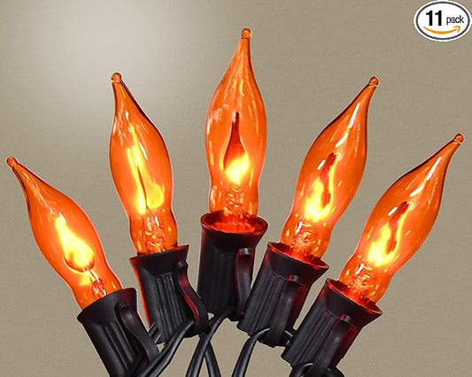 Flickering Flame String Lights Orange Halloween Lights with 10 Pack C7 Orange Flame Light Bulbs, 12.8Ft Orange Flame String Lights for Halloween Decorations for Home Party Yard