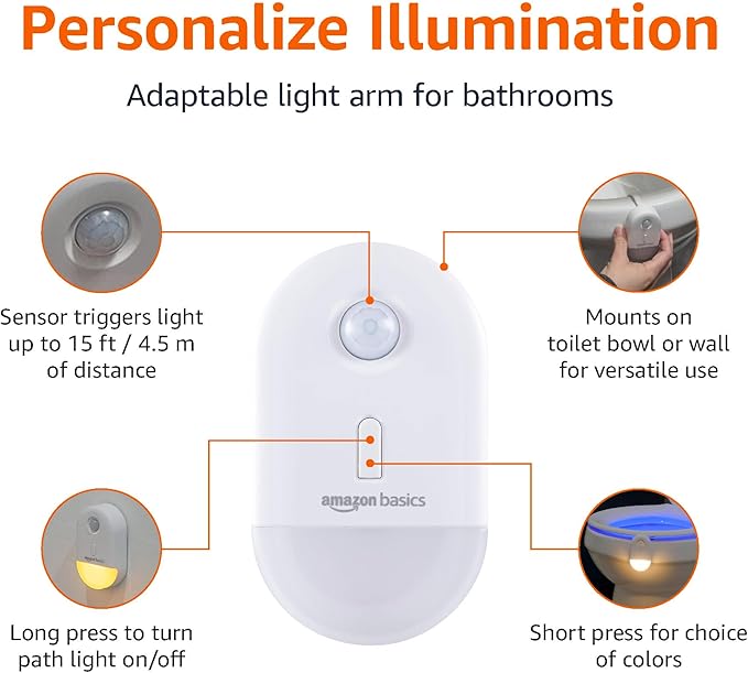 Amazon Basics Color Changing LED Toilet Bowl Motion Sensor Light, Battery Operated, 2 Pack, White