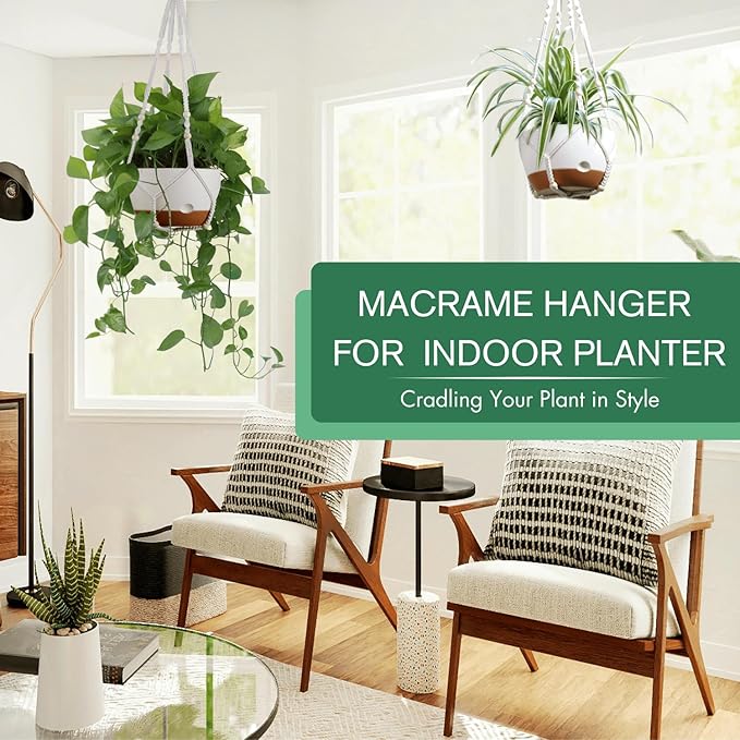 Set of 2-8 Inch Hanging Planters for Indoor Plants with Self-Watering Includes Hanging Pots for Plants, Outdoor Hanging Plant Pot with Drainage, and 2 Types of Hanging Baskets Hangers (White)