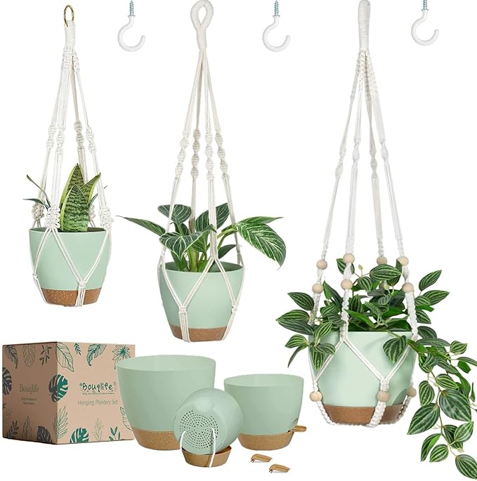 Self Watering Hanging Planters for Indoor Plants 3 Pack Macrame Plant Hangers with Drainage Holes Pots and Hooks for Home Garden Decor Green