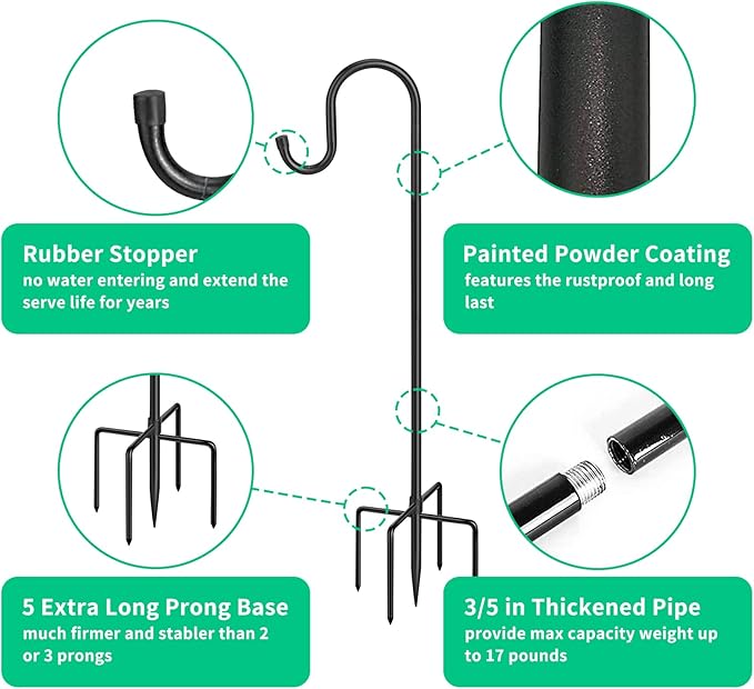 Adjustable Shepards Hooks for Outdoor with 5 Prong Base Shepherds Hooks for Outdoor Stand Pole for Humming Bird Feeder for Hanging Solar Lights Outdoor Garden Wedding Decor (48in)