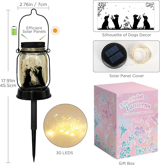 Kyoryuger Dog Solar Lanterns 3in1 Dog Lights Garden Decor Gifts for Women Mom Grandma Unique Teen Girl Gifts Christmas Gifts for Dog Lovers Decorative Pet Memory Lanterns for Yard Lawn Patio Landscape