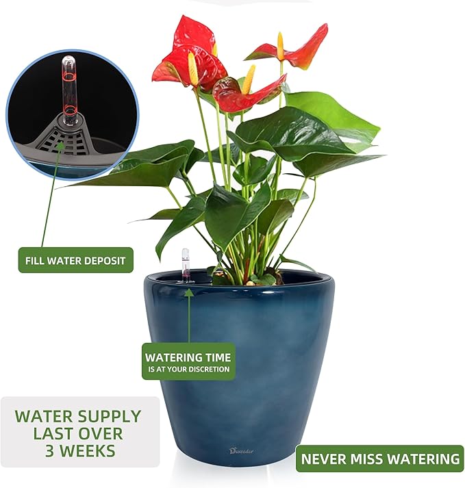 Dexceder 13x12 Self Watering Planter with Wheels Indoor Outdoor, Inner Pot Design, Thickened Large Floor Standing Flower Plant Pot with Water Level Indicator (Grayish Green Gradient)