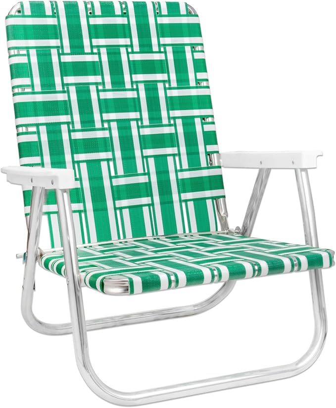 Lawn Chair USA Folding Aluminum Outdoor Patio Lawn Chair | Heavy-Duty Webbed Chairs for Camping, Sports, Beach, Yard & Tailgating | Lightweight Portable | High Back Beach Chair- Green & White Stripe