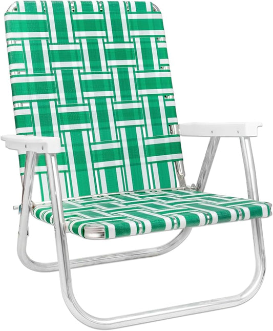 Lawn Chair USA Folding Aluminum Outdoor Patio Lawn Chair | Heavy-Duty Webbed Chairs for Camping, Sports, Beach, Yard & Tailgating | Lightweight Portable | High Back Beach Chair- Green & White Stripe