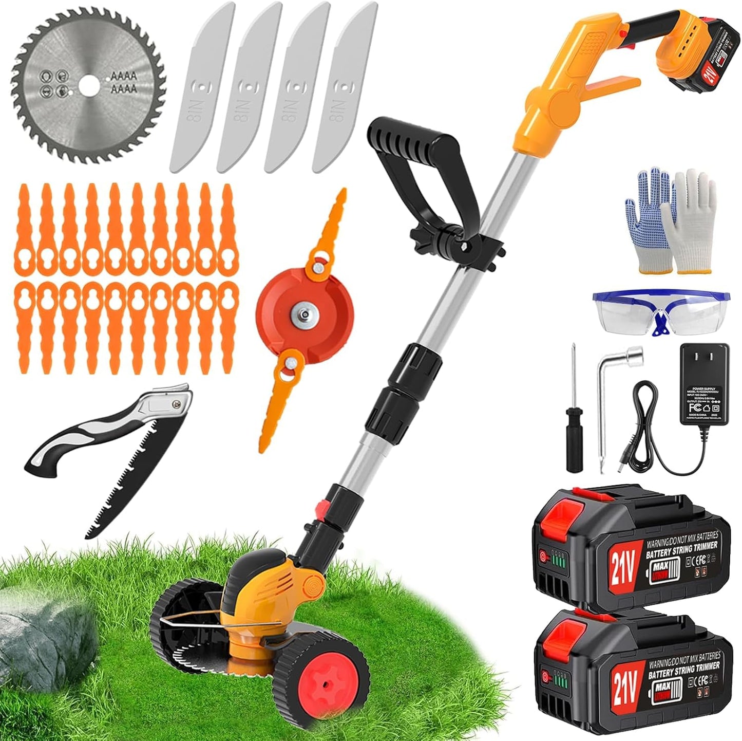 Electric Weed Wacker Cordless Battery Powered Eater,21V/4.0Ah Lightweight No-String Weed Trimmer with 2 Battery Operated& Wheels,3 in 1 Stringless Grass Trimmer/Edger/Brush Cutter for Garden Yard Lawn