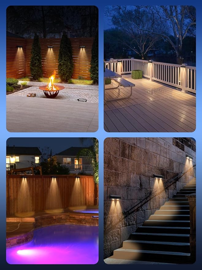 Fence Lights Solar Powered 2 Pack, RGB Fence Solar Lights Outdoor Waterproof Led, 12 Modes Color Changing Outside Lightings Decor for Wall Railing Patio Deck Backyard Garden Pool