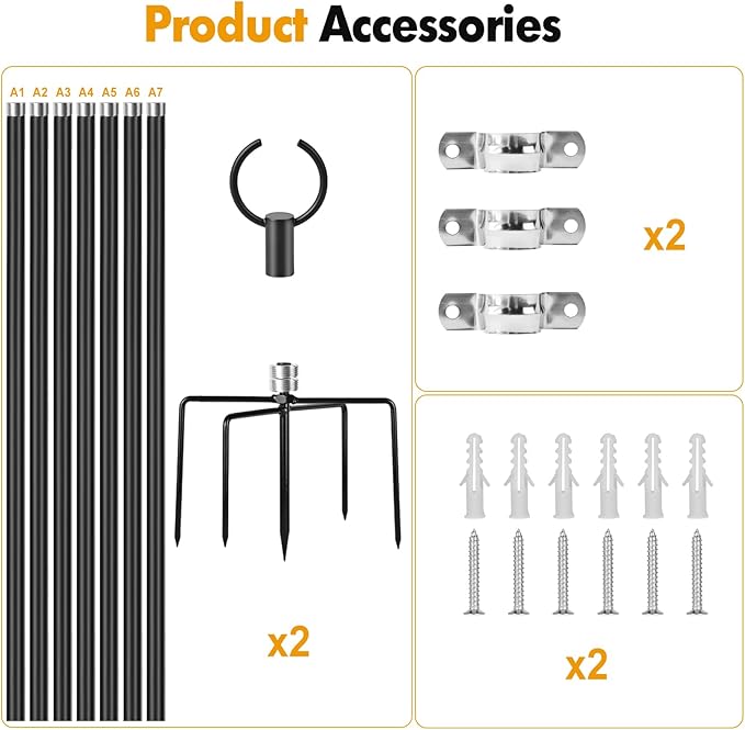 String Lights Poles Outdoor 10.3FT, 2 Pack 2 in 1 Upgraded Metal Light Poles for Hanging String Lights, Outside Lighting Stand with Hooks for Wedding, Parties, Deck, Garden, Fence Decor