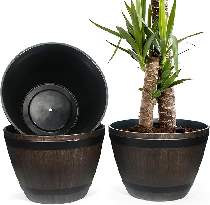 Large Whiskey Barrel Planter for Outdoor Plants - Flower Pots Garden Wine Barrel Planter Outdoor - 21" D x 15" H