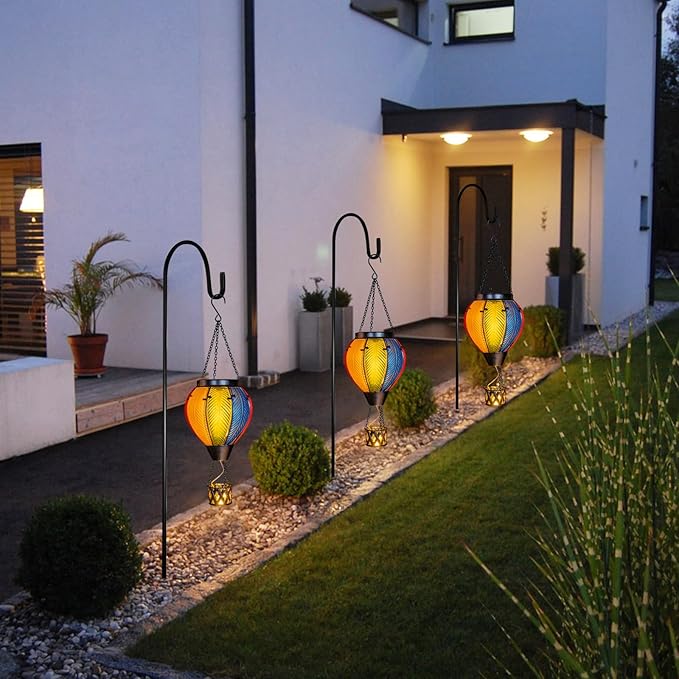 pearlstar Hot Air Balloon Solar Lantern with Flickering Flame Light Outdoor Solar Hanging Lights Waterproof for Garden Yard Farmhouse Patio Pathway Outside Decoration,Glass, Rainbow