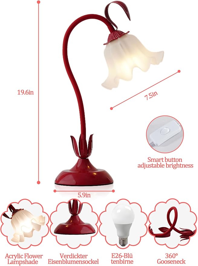 Flower Table Lamp,LED Reading Light Bedside Vintage Flower Night Light,3 Colors Modes Kawaii Bedside Lamps Decor,Living Room Bedroom Room Lighting Table Lamps Home Decoration (Red)