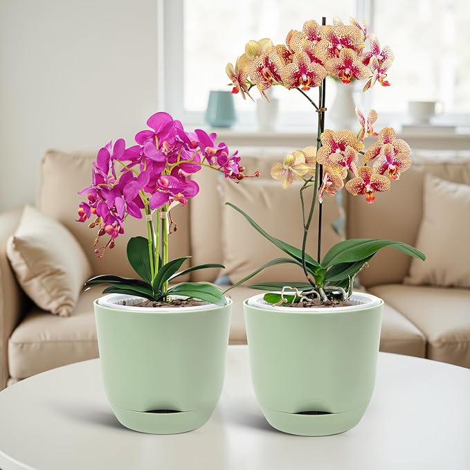 QCQHDU 2 Pack Orchid Pots with Holes for Repotting, Double-Layer and Self Watering Orchid Pot with Good Air Circulation