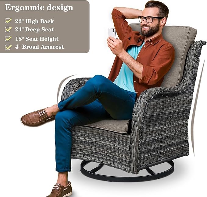 3 PCS Patio Furniture Set - Mixed Grey Wicker Swivel Rocking Chair Set with Side Table