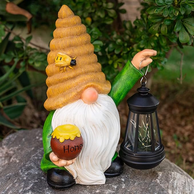 12.3''Solar Garden Gnome Outdoor Decor Honey Bee jar Gnome Statue with LED Lantern Fall Patio Yard Art Decoration Christmas Gardening Birthday Gifts for Women Mom, Honey Bee Gnome