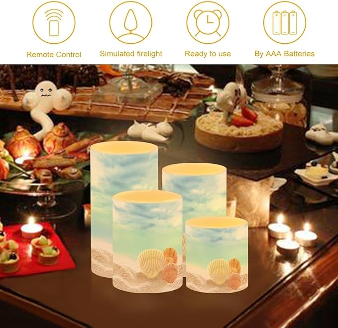 Flameless Candles Battery Powered LED Candle with Remote Timer Color Changing Control Set of 4 for Indoor Outdoor Beach Wedding Home Indoor Coastal Decor, Beach Seashell Blue