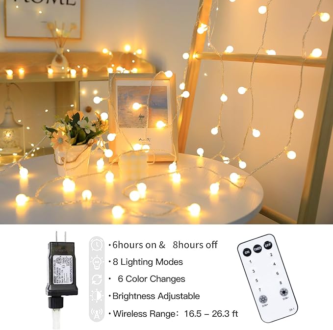 Globe String Lights 115 Feet 200 LED,Plug in Fairy String Lights with Remote Timer Extendable, 8 Modes Indoor Outdoor String Lights for Wedding Bedroom Classroom Patio Garden