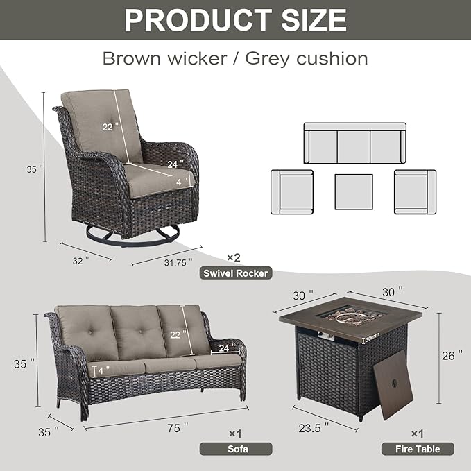 Outdoor Patio Furniture Set with 50000BTU Propane Fire Pit Table, 4 Pieces Wicker Patio Conversation Set with 2 Swivel Rocker Glider Chairs Rattan Sofa Grey Cushion Perfect for Gathering