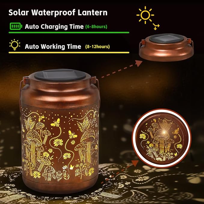 Mushroom Solar Lanterns Outdoor Waterproof Hanging Solar Lights Gifts for Women Mom Metal LED Decorative Lantern for Yard Patio Pathway,Porch，Landscape,Lawn Garden Decor for Outside