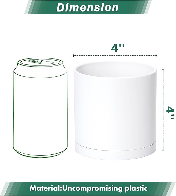 D'vine Dev 2 Pack 4 Inch Modern Plastic Plant Pots, Small Garden Planters for Plant with Drainage Holes and Saucers, White Color, 74-Z-E-1