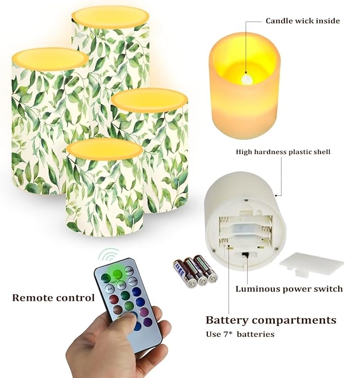 Flameless Candles Battery Powered LED Pillar Candles Tealights with Remote Timer Color Changing Control for Indoor Outdoor Home Desktop Decor Set of 4, Green Leaf White