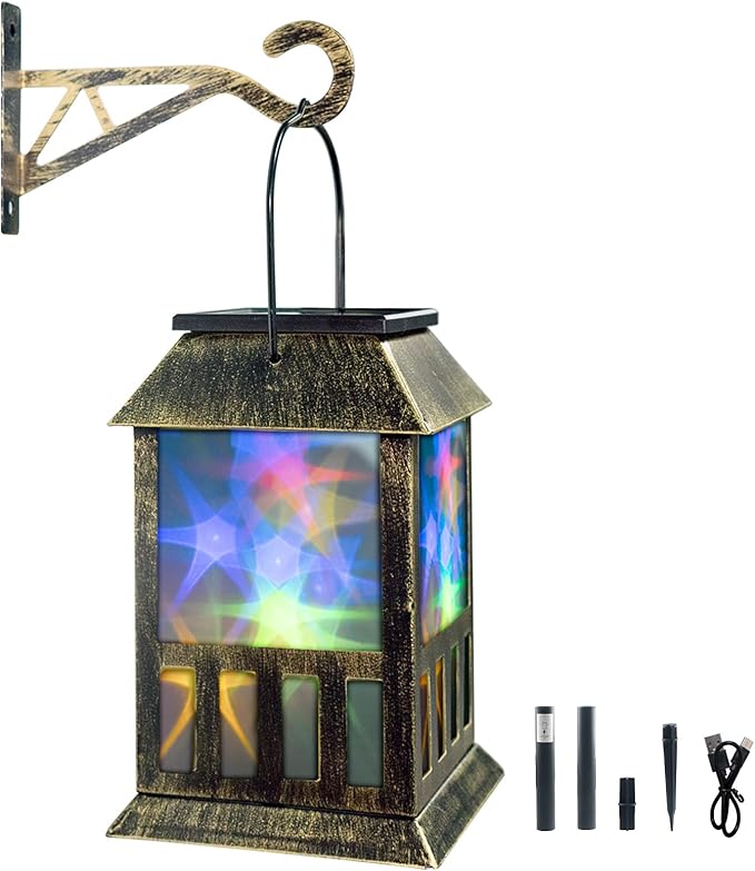 Solar Lanterns Outdoor Waterproof, Pathway Lights Hanging Lights with 3D Lighting Effects, Solar & USB C Charging, Metal Garden Decor Lights for Landscape Yard Patio Lawn Driveway, RGB Light 1 Pack