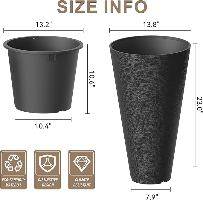 Kante Tall Round Planter Set of 2, 23" H Large Decorative Planter Pots for Outdoor Indoor Garden Patio Front Porch (Black)