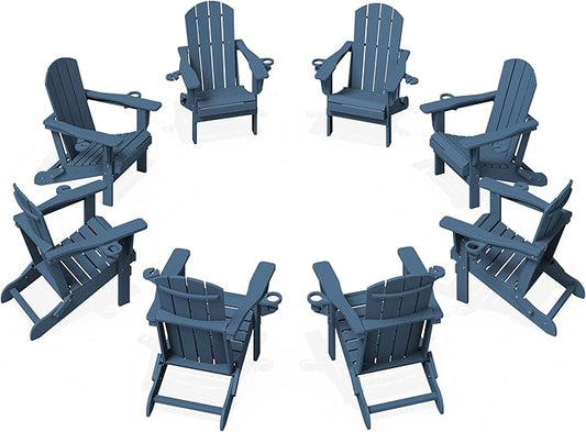 KINGYES Folding Adirondack Chair Set of 8, Dual Cup Holders & All-Weather HDPE, Wood-Like Patio Chair for Backyard, Camping, Pool & Fire Pit, Navy