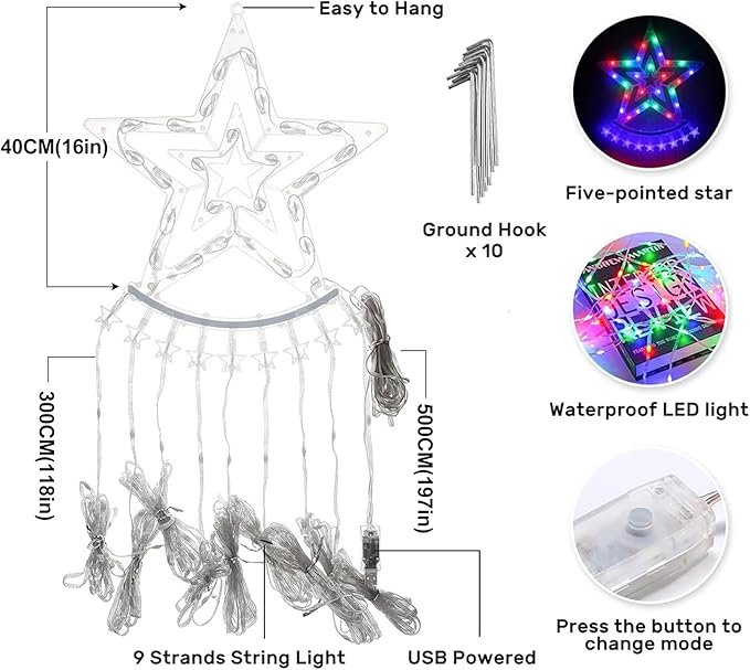 Outdoor Christmas Decorations Star String Light with Remote APP Control 10FT 305LED Waterfall Christmas Tree Light RGB Color Changing Waterproof Hanging Twinkle Fairy Light 210 Mode Timer Music Sync
