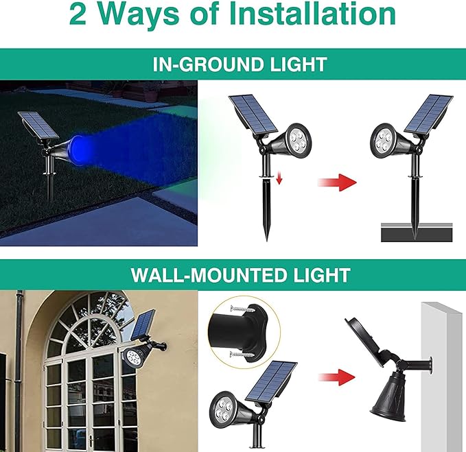 T-SUNUS Blue Solar Lights Outdoor Waterproof IP65, 2 Pack Garden Spotlights, Auto-on/Off Security Landscape Pond Spot Light 2 Modes for Halloween Christmas Tree Patio Garage Yard Driveway Pool Fence