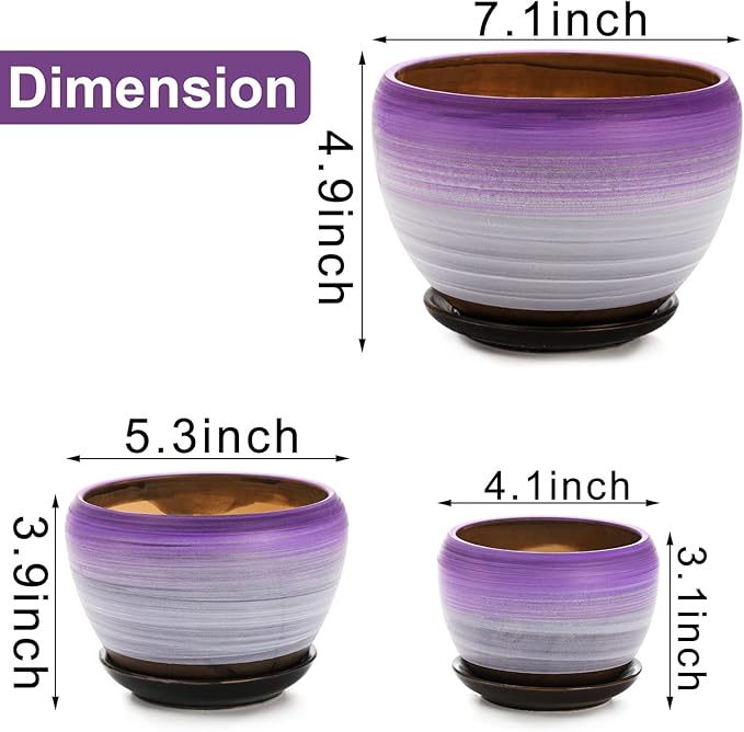 SOUJOY Set of 3 Ceramic Flower Pots, Gardening Plant Pot with Drainage Holes and Saucer, 7/5/4 inch Purple Round Succulent Herbs Cactus Planter for Indoor Outdoor
