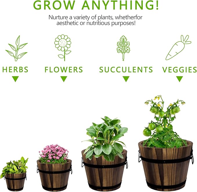 Adnee 4 Pack Wooden Whiskey Barrel Planters - 4 Sizes Wooden Bucket Barrel Garden Planters Set - Rustic Flower Planters Pots Container for Indoor Outdoor Garden Home Plants(4.7",6.1",7.1",9")