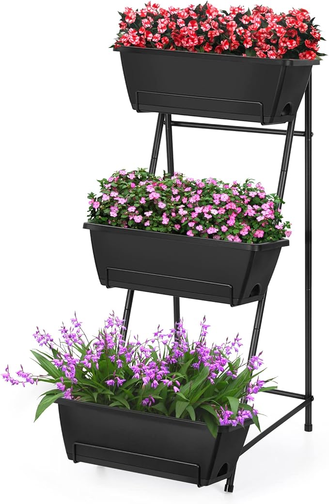 Vertical Raised Garden Bed 3 Tier Elevated Garden Planters Stand Up Garden Planter Box with Drainage Holes for Outdoor Indoor Plants Herbs Flowers Vegetables Black