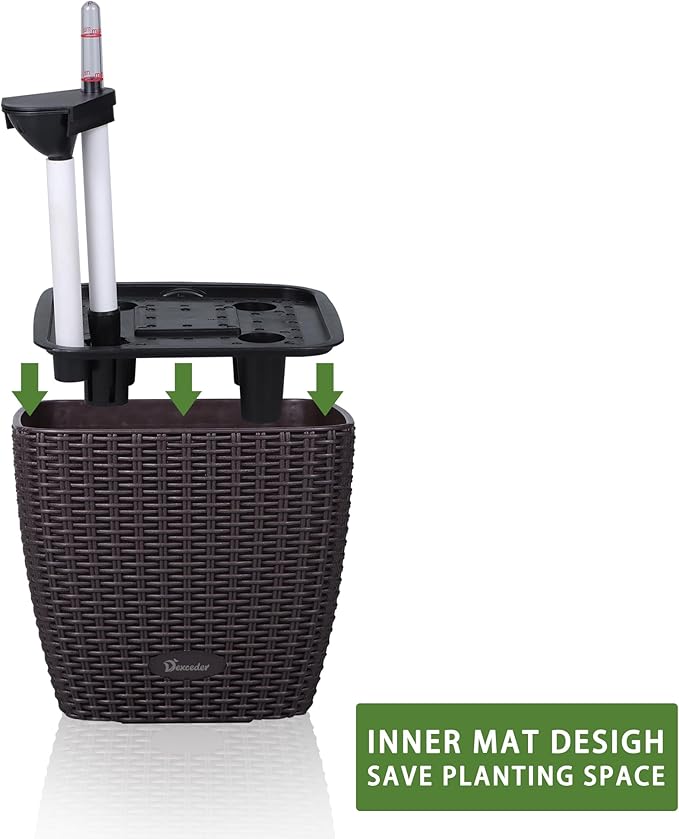 Dexceder 11x10 Self Watering Planter Indoor Outdoor, Inner Mat Design, Thickened Table Flower Plant Pot with Water Level Indicator (Brown Rattan)