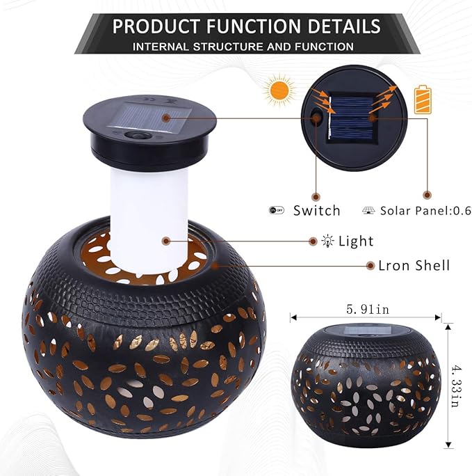 Solar Table Lantern Outdoor Waterproof-Dancing Flickering Flame Solar Powered LED Light,Black Metal Desktop Decorative Lamp Auto On/Off Lighting Dusk to Dawn for Desk Patio Garden Pathway Yard