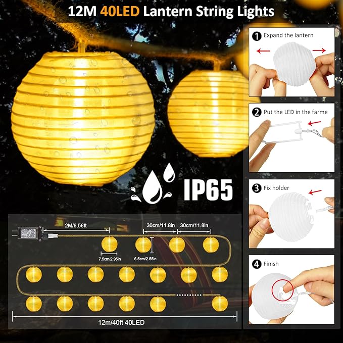 OMIKA Lantern String Lights Plug in- 40ft 40LED 2700K Warm White Mini Lantern Lights Waterproof, Hanging Hemp Rope String Lights Indoor Outdoor with Remote, Timer for Porch Fence Balcony Party Trees